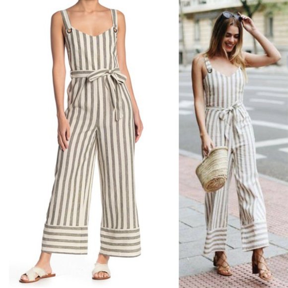 NEW Light Moss Olive Green Striped Tie Waist Linen Cotton Blend Jumpsuits $140 - Picture 6 of 8